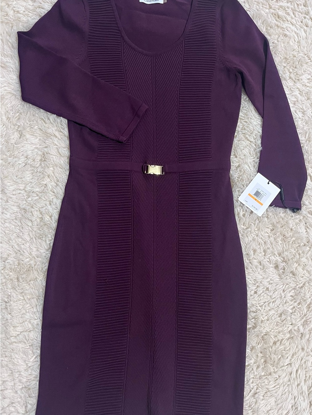Calvin Klein Plum Long-Sleeve Ribbed Panel Dress with Gold Buckle